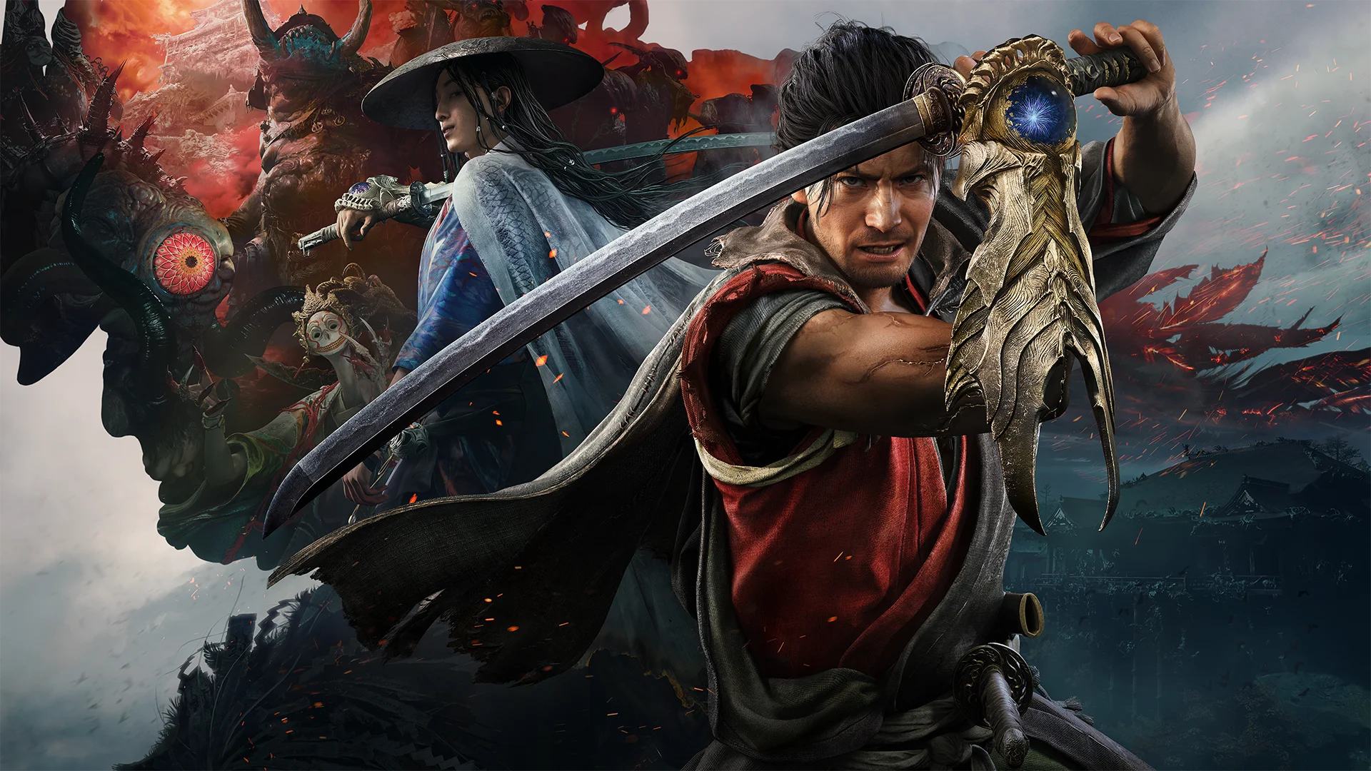 Official Onimusha: Way of the Sword key art featuring Miyamoto Musashi, the Oni Lady, and Genma